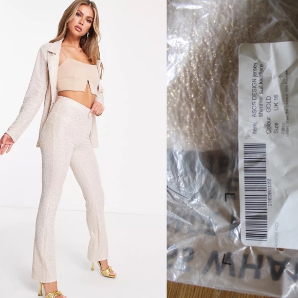 ASOS DESIGN NWT jersey shimmer suit kickflare pant in gold 12 US - Picture 1 of 7